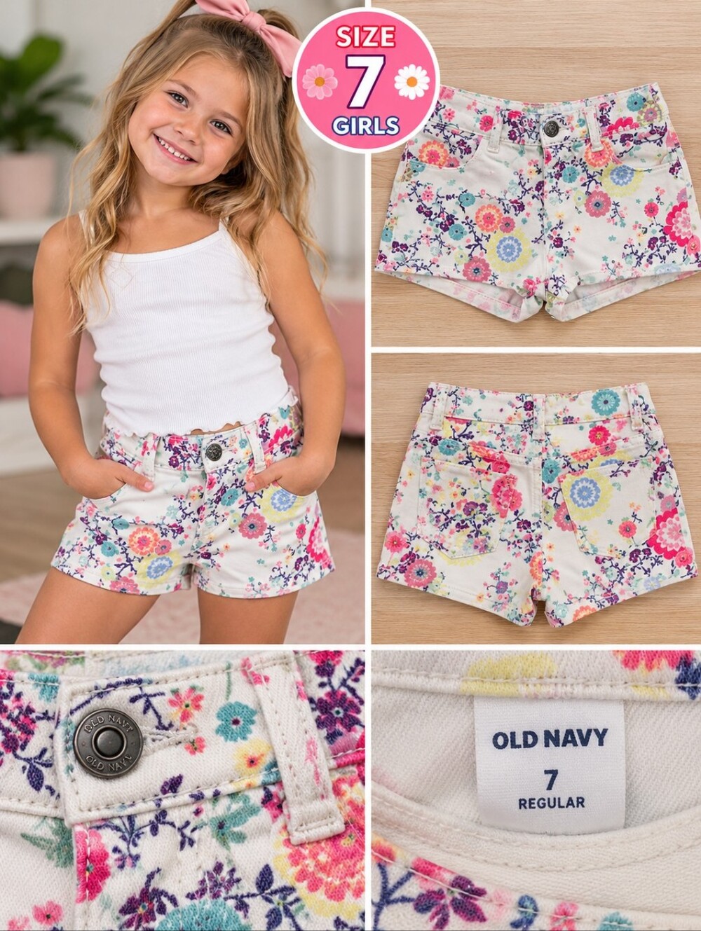 Old navy girls size 7 white floral denim shorts #34